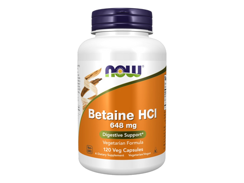 NOW Foods Betaine HCl 648 mg with Pepsin for Digestive Support 120 Veg Capsules front bottle view