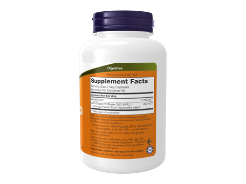 NOW Foods Betaine HCl 648 mg with Pepsin for Digestive Support 120 Veg Capsules Supplement Facts label with enzyme and acid details