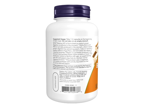 NOW Foods Betaine HCl 648 mg with Pepsin for Digestive Support 120 Veg Capsules suggested usage directions and product barcode