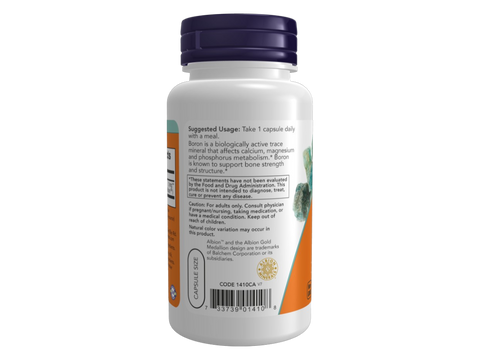 NOW Foods Boron 3 mg Veg Capsules Albion Bororganic Glycine 100 Veg Capsules suggested usage directions and product barcode