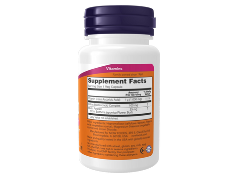NOW Foods C-1000 Vitamin C Veg Capsules 1000 mg with Citrus Bioflavonoids 100 Veg Capsules Supplement Facts label with vitamin C and bioflavonoid details