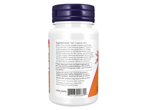 NOW Foods C-1000 Vitamin C Veg Capsules 1000 mg with Citrus Bioflavonoids 100 Veg Capsules suggested usage directions and product barcode