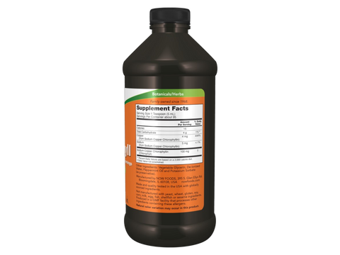 NOW Foods Chlorophyll Liquid Mint 100 mg per Teaspoon 473 mL Supplement Facts label with chlorophyll content details