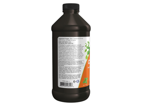 NOW Foods Chlorophyll Liquid Mint 100 mg per Teaspoon 473 mL suggested usage directions and product barcode