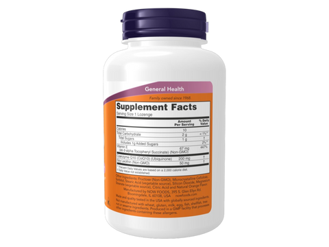 NOW Foods CoQ10 200 mg Ubiquinone Lozenges Orange Flavour 90 Lozenges Supplement Facts label with CoQ10 details