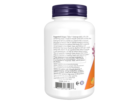 NOW Foods CoQ10 200 mg Ubiquinone Lozenges Orange Flavour 90 Lozenges suggested usage directions and product barcode