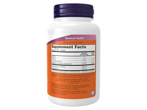 NOW Foods CoQ10 600 mg Softgels with Vitamin E and Lecithin 60 Softgels Supplement Facts label with CoQ10 details