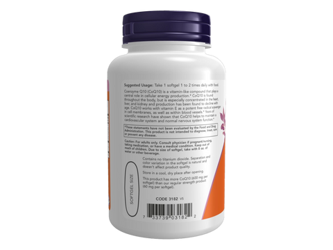 NOW Foods CoQ10 600 mg Softgels with Vitamin E and Lecithin 60 Softgels suggested usage directions and product barcode