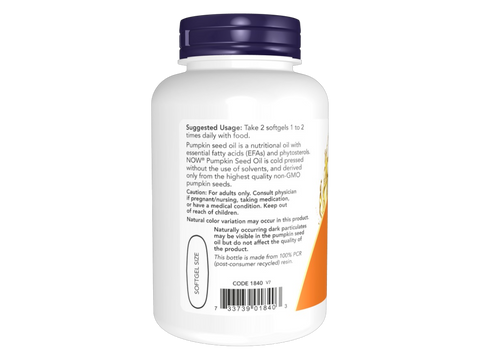 NOW Foods Cold Pressed Pumpkin Seed Oil Softgels 1000 mg Non-GMO 100 Softgels suggested usage directions and product barcode