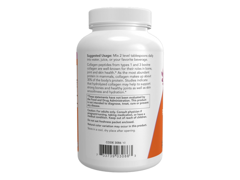 NOW Foods Collagen Peptides Powder Hydrolyzed Collagen Protein 227 g suggested usage directions and product barcode
