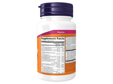 NOW Foods Daily Vits Multivitamin & Mineral with Lutein & Lycopene Veg Capsules Supplement Facts label with ingredient details