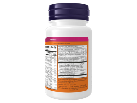 NOW Foods Daily Vits Multivitamin & Mineral with Lutein & Lycopene Veg Capsules suggested usage directions and product barcode