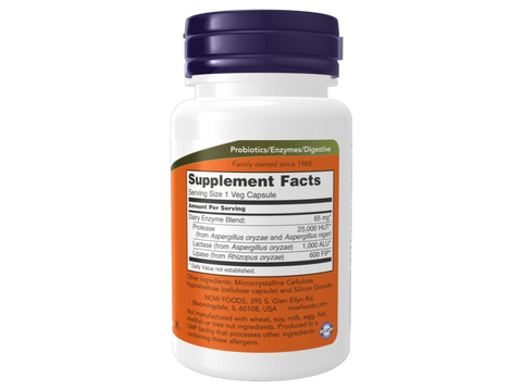NOW Foods Dairy Digest Enzymes Capsules for Lactose and Protein 90 Veg Capsules Supplement Facts label with enzyme blend details