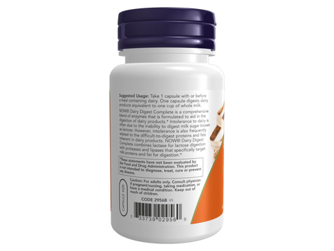 NOW Foods Dairy Digest Enzymes Capsules for Lactose and Protein 90 Veg Capsules suggested usage directions and product barcode