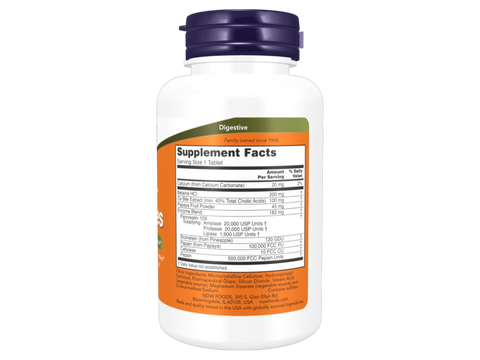 NOW Foods Digestive Enzyme Supplement Super Enzymes Blend Tablets 90 Tablets Supplement Facts label with enzyme blend details