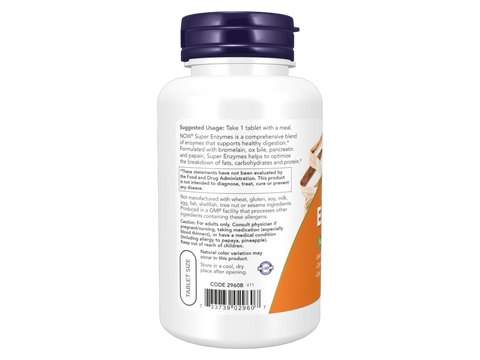 NOW Foods Digestive Enzyme Supplement Super Enzymes Blend Tablets 90 Tablets suggested usage directions and product barcode