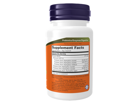 NOW Foods Digestive Enzyme Veg Capsules with DPP-IV 60 Veg Capsules Supplement Facts label with enzyme blend details