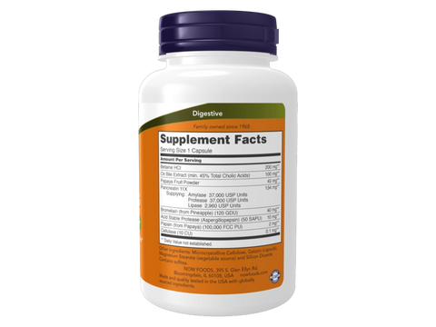 NOW Foods Digestive Enzymes Broad Spectrum Enzyme Supplement Capsules 90 Capsules Supplement Facts label with enzyme blend details