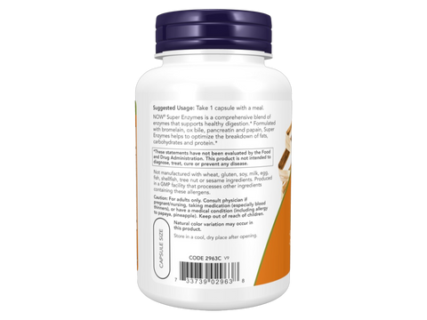 NOW Foods Digestive Enzymes Broad Spectrum Enzyme Supplement Capsules 90 Capsules suggested usage directions and product barcode