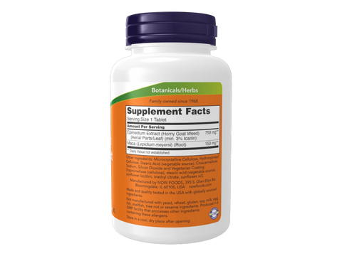 NOW Foods Epimedium and Maca Root Herbal Supplement Tablets 90 Tablets Supplement Facts label with herbal blend details