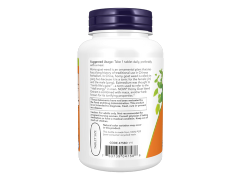NOW Foods Epimedium and Maca Root Herbal Supplement Tablets 90 Tablets suggested usage directions and product barcode