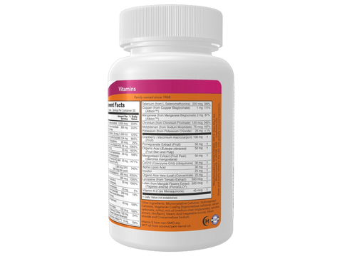 NOW Foods Eve Women's Multivitamin with Superfruits and Antioxidants Tablets 90 Tablets Supplement Facts label with vitamin and mineral details