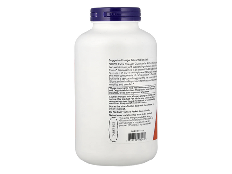 NOW Foods Extra Strength Glucosamine 1500 mg and Chondroitin 1200 mg Tablets 240 Tablets suggested usage directions and product barcode