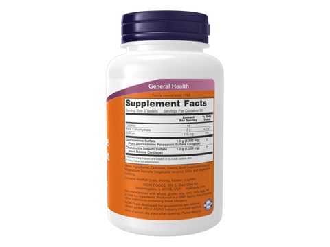 NOW Foods Extra Strength Glucosamine 1500 mg and Chondroitin 1200 mg Tablets 60 Tablets Supplement Facts label with joint support ingredient details