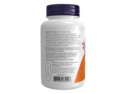 NOW Foods Extra Strength Glucosamine 1500 mg and Chondroitin 1200 mg Tablets 60 Tablets suggested usage directions and product barcode