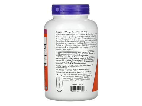 NOW Foods Extra Strength Glucosamine 1500 mg and Chondroitin 1200 mg Tablets 120 Tablets suggested usage directions and product barcode