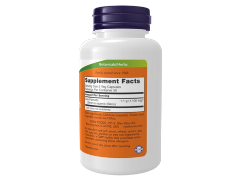 NOW Foods Saw Palmetto Supplement for Men's Health 550 mg per Veg Capsules 100 Veg Capsules Supplement Facts label with herbal extract details
