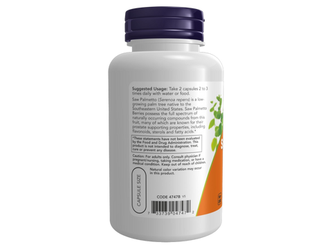 NOW Foods Saw Palmetto Supplement for Men's Health 550 mg per Veg Capsules 100 Veg Capsules suggested usage directions and product barcode