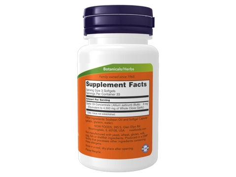 NOW Foods Garlic Oil Supplement Concentrate Softgels 1500 mg 100 Softgels Supplement Facts label with garlic oil details