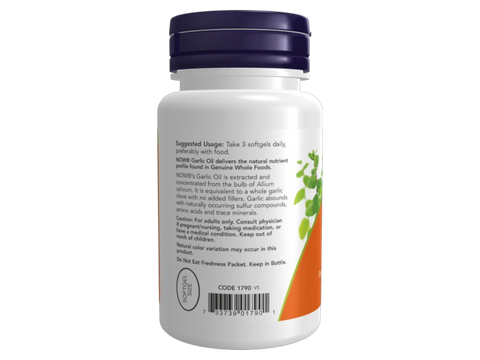 NOW Foods Garlic Oil Supplement Concentrate Softgels 1500 mg 100 Softgels suggested usage directions and product barcode
