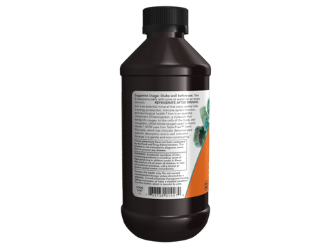 NOW Foods Gentle Iron Liquid 18 mg Non-Constipating Formula 237 mL suggested usage directions and product barcode
