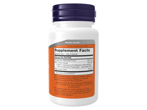 NOW Foods Glutathione 500 mg Veg Capsules with Milk Thistle and Alpha Lipoic Acid 60 Veg Capsules Supplement Facts label with antioxidant details