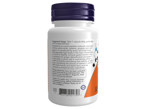 NOW Foods Glutathione 500 mg Veg Capsules with Milk Thistle and Alpha Lipoic Acid 60 Veg Capsules suggested usage directions and product barcode