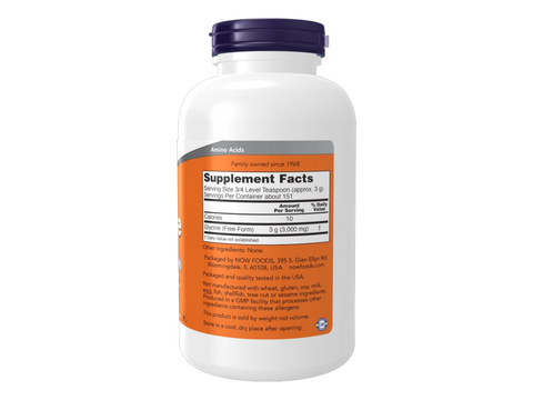 NOW Foods Glycine Pure Powder 3000 mg Free-Form Amino Acid 454 g Supplement Facts label with amino acid details