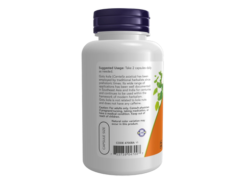 NOW Foods Gotu Kola 450 mg Traditional Herb 100 Vegetarian Capsules suggested usage directions and product barcode