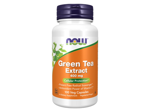 NOW Foods Green Tea Extract 400 mg Veg Capsules with Vitamin C 100 Count front bottle view