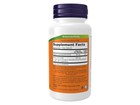 NOW Foods Green Tea Extract 400 mg Veg Capsules with Vitamin C 100 Count Supplement Facts label with antioxidant details