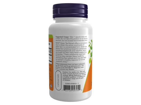 NOW Foods Green Tea Extract 400 mg Veg Capsules with Vitamin C 100 Count suggested usage directions and product barcode
