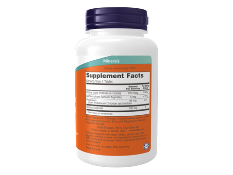 NOW Foods Iodine Potassium Supplement 225 mcg Iodine 180 Tablets Supplement Facts label with iodine details