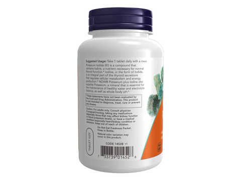 NOW Foods Iodine Potassium Supplement 225 mcg Iodine 180 Tablets suggested usage directions and product barcode