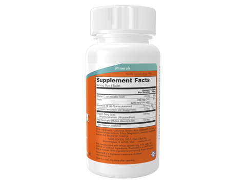 NOW Foods Iron Complex 27 mg Vegetarian Tablets with Ferrochel 100 Tablets Supplement Facts label with iron and mineral details