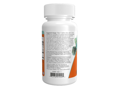 NOW Foods Iron Complex 27 mg Vegetarian Tablets with Ferrochel 100 Tablets suggested usage directions and product barcode