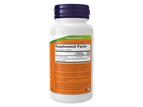 NOW Foods Kelp Tablets 150 mcg Iodine from Organic Seaweed 200 Tablets Supplement Facts label with iodine content details