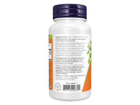 NOW Foods Kelp Tablets 150 mcg Iodine from Organic Seaweed 200 Tablets suggested usage directions and product barcode