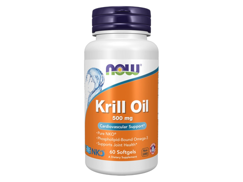 NOW Foods Krill Oil 500 mg NKO Phospholipid Omega-3 Softgels 60 Count front bottle view