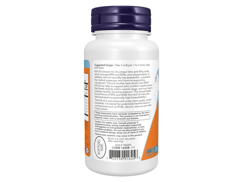 NOW Foods Krill Oil 500 mg NKO Phospholipid Omega-3 Softgels 60 Count suggested usage directions and product barcode